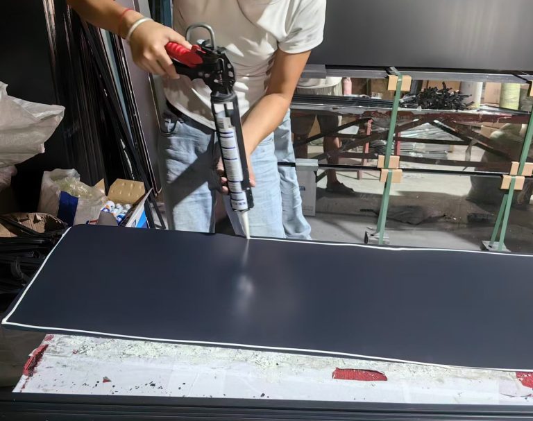 Sealant being applied to the back of a mirror panel during assembly