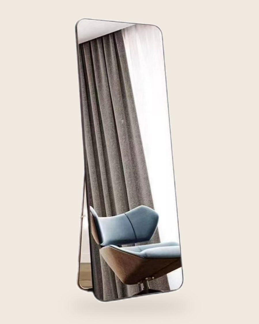 Freestanding full-length mirror with a slim black frame and folding rear easel